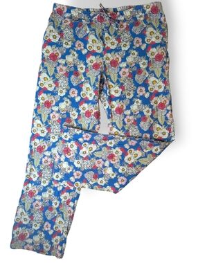 Mahogany Blue Hydrangea Rose Floral Print 100% Cotton Pajama Pants Women's Small
